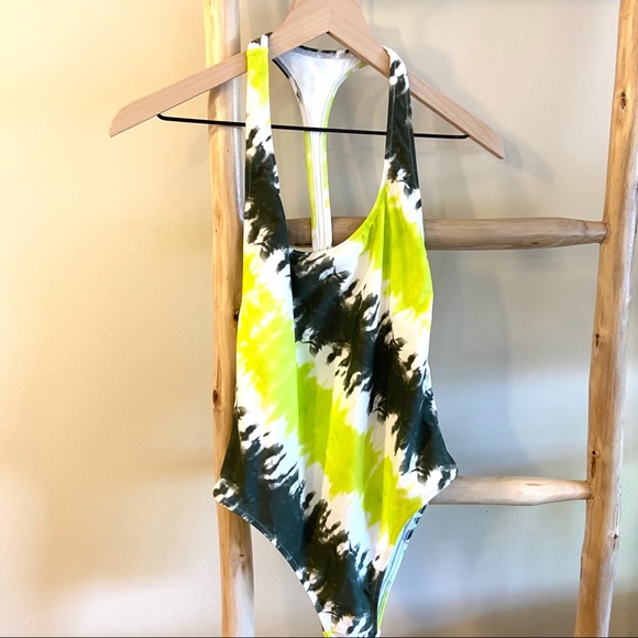 S Aerie Tie DyeOne Piece Swimsuit Lime Green - Picture 2 of 6
